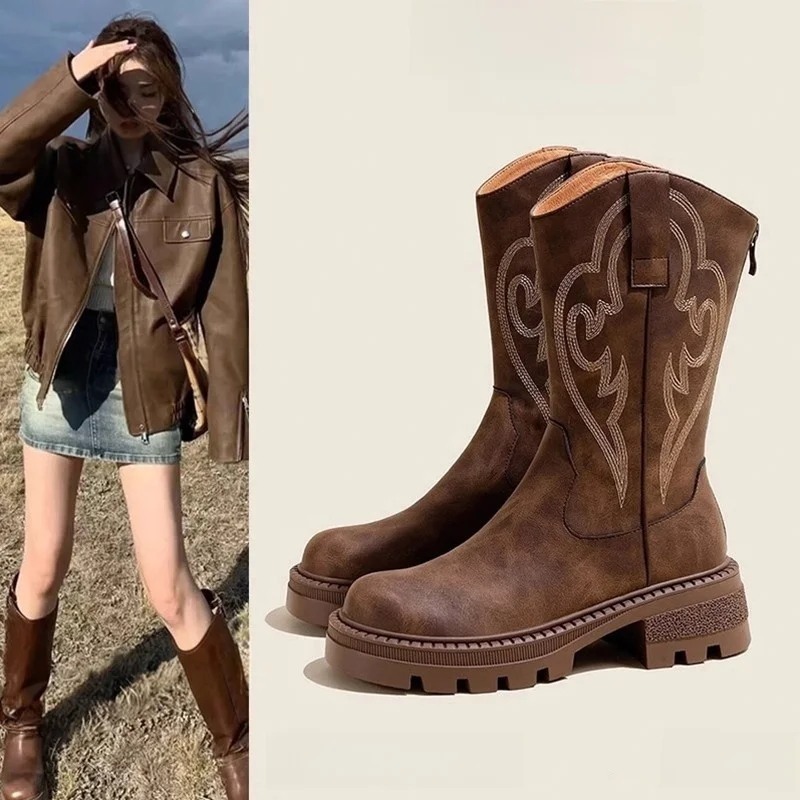 

Коричневые ботинки в стиле ретро Thi Bot Western Cowboy ort Tourist Boots Корейские молодежные ботинки Sle ort Tube Faion