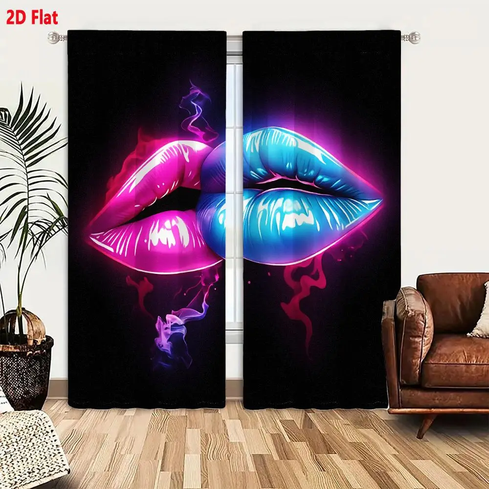 2Pcs Curtains 2D Flat Neon - Lit Stylized Lips Illustration Vivid Pink And Bright Blue Glossy Glowing Lips With Smoke - Like Sha
