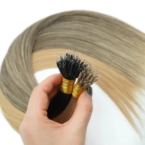 100 Strands Nano Rings Micro Links Human Hair Extensions Set Keratin Capsule Natural Blonde Micro Beads Loop Remy Straight Hair