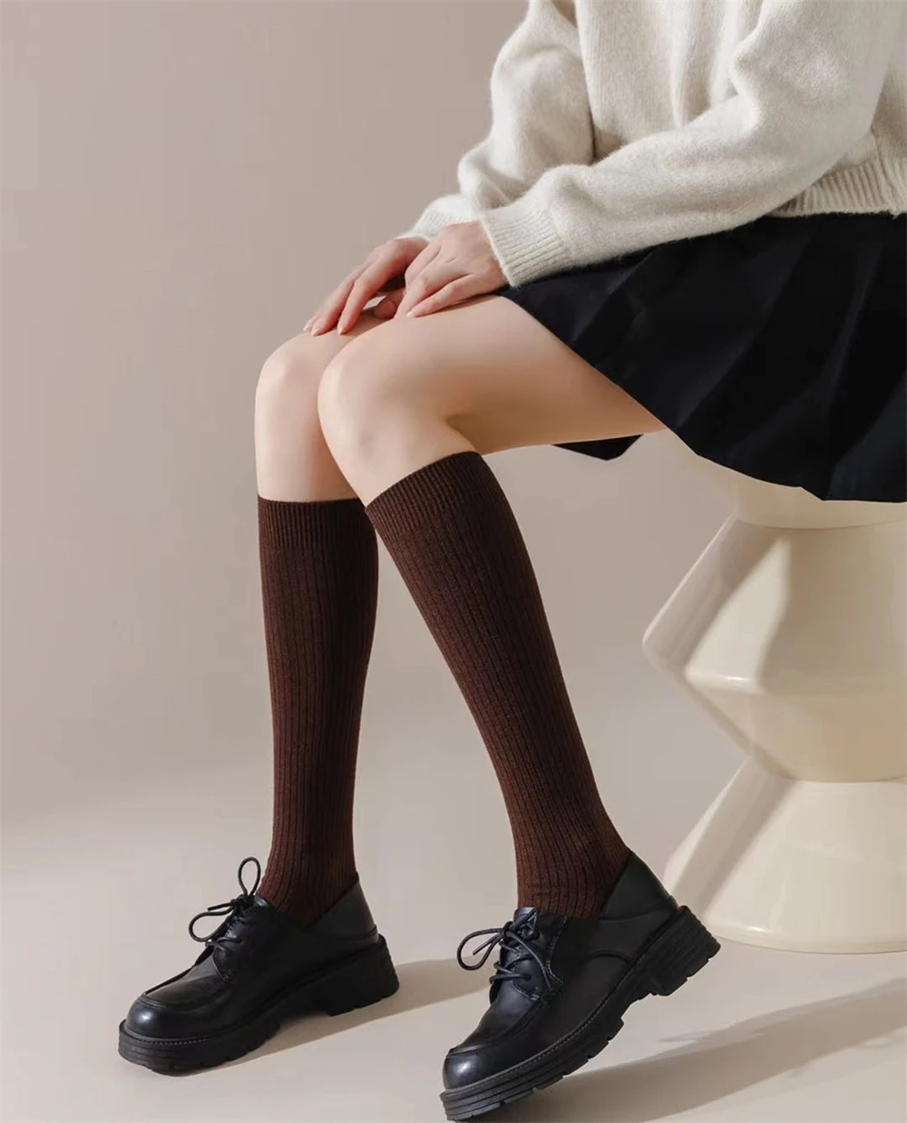 Japanese Lolita Wool Blends Knee High Socks Women's Autumn Winter Warm Calf Stockings JK Uniform Solid Color Mid-tube Leg Warmer