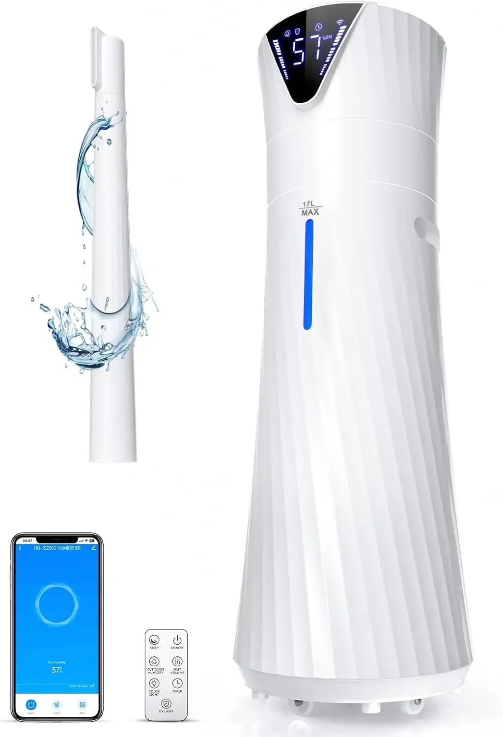 Humidificador de habitación grande para 2000 pies cuadrados, humidificadores de 17 l/4,5 gal para dormitorio con aplicación Wi-Fi y control remoto, niebla fría ultrasónica L