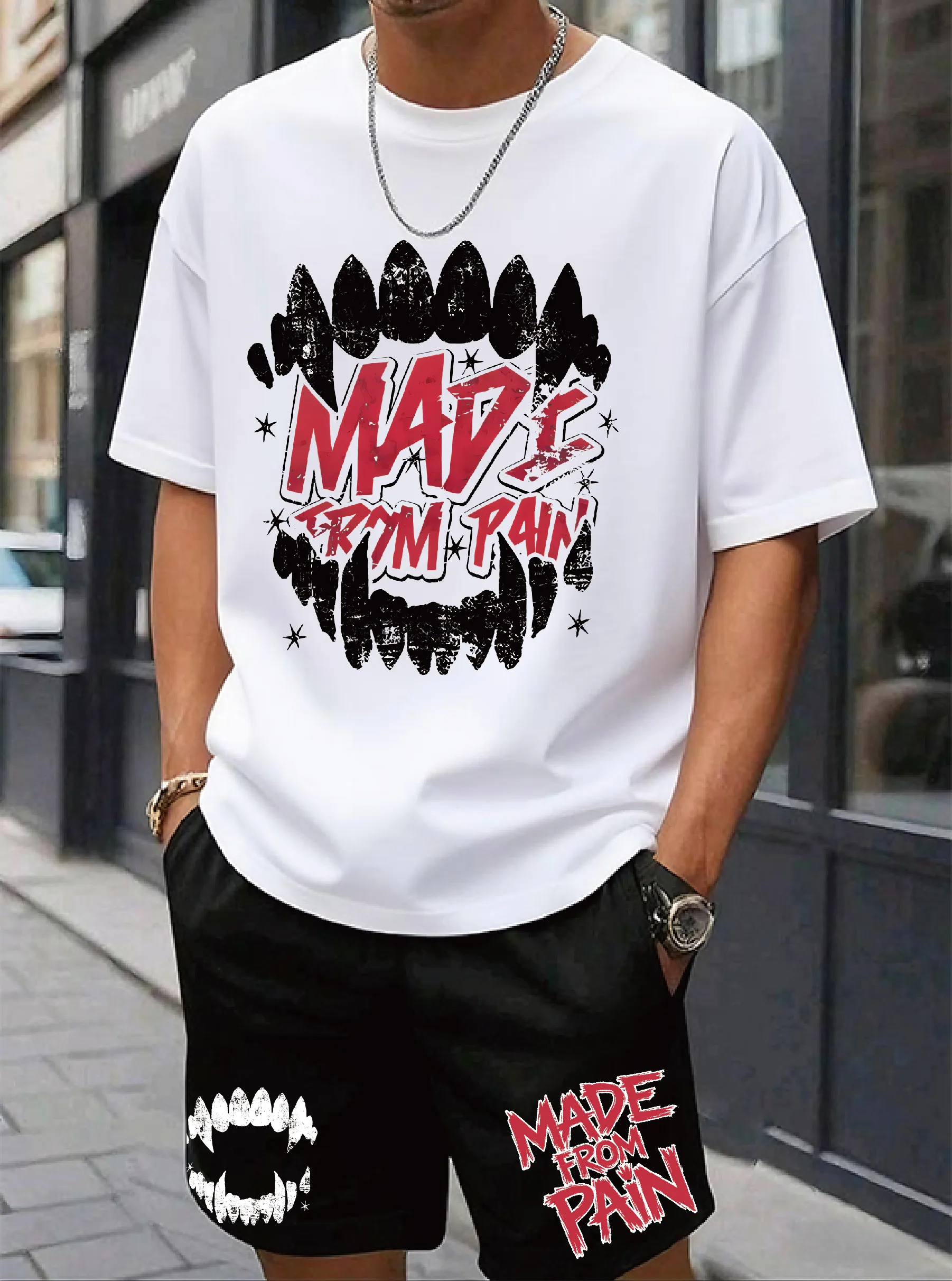 

Trendy street style black T-shirt red “MADE FROM PAIN” inspirational slogan suitable for sports and casual scenes