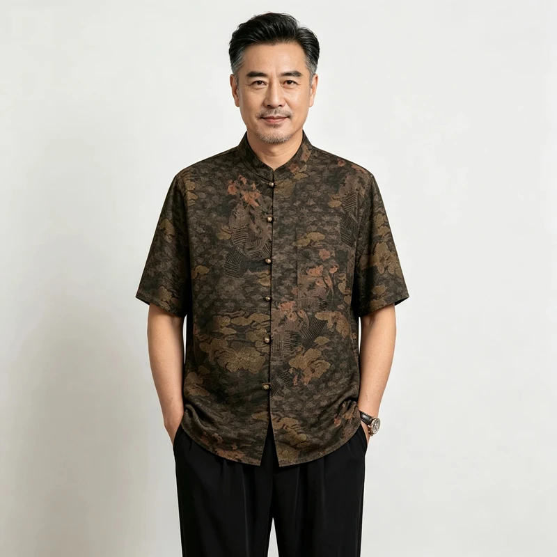 Men's  Cloud Pattern Chinese Style Shirt Short Sleeve Vintage Mandarin Collar Shirt Pants Traditional Oriental Print Casual Man