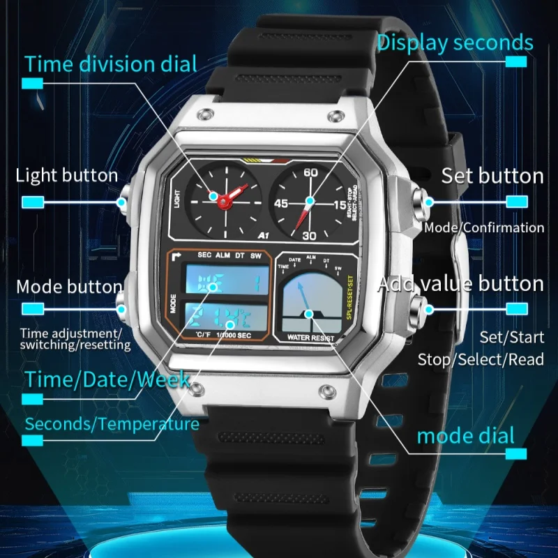 SANDA 6257 Orologio elettronico da uomo Calendario della moda Luminoso cinturino in acciaio inossidabile impermeabile Sveglia Orologi digitali sportivi
