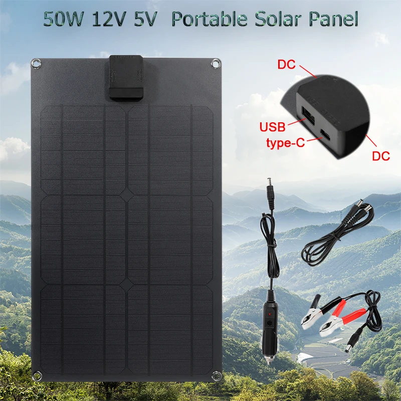 Placa solar portátil, Carregador USB ao ar livre para acampamento da bateria do telefone móvel, 5V, 18V, 50W, 12 V