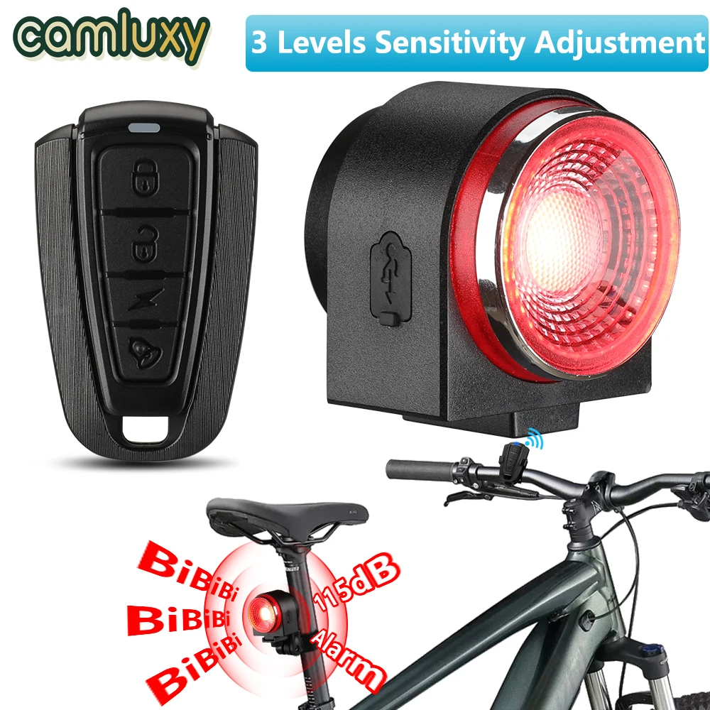 Camluxy Smart Bicycle Alarm Anti Theft Rear Lamp Brake Sensing Light 115db Wireless Remote Control Burglar Bike Taillight Horn