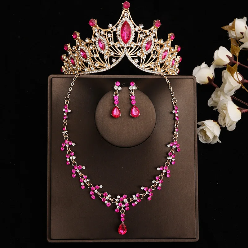 DIEZI Elegant Pink Crystal Tiara Crown For Women Wedding Girls Party Crown Necklace Earrings Jewelry Sets Hair Dress Accessories