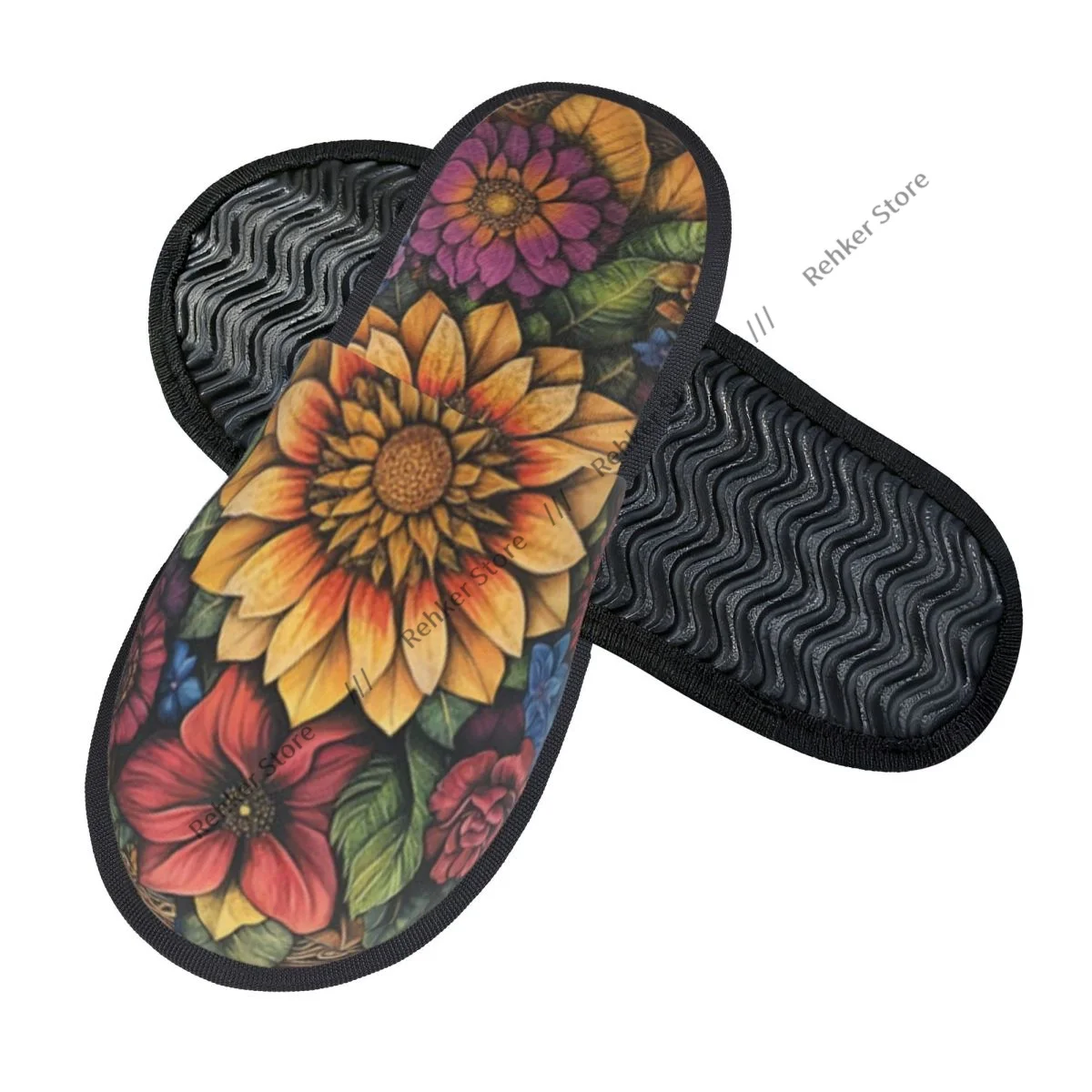Colorful Flowers In Circle Indoor Slippers Furry Slipper Winter Home Shoes House Flat Closed Toe Slides Flip Flops