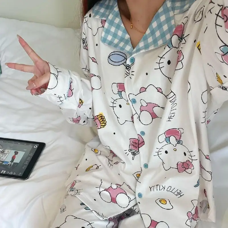 

Miniso Girl Сексуальная пижама с длинными рукавами Костюм Kawaii Hello Kitty Аниме Модная весенне-летняя одежда It Outside Leisure Wear New