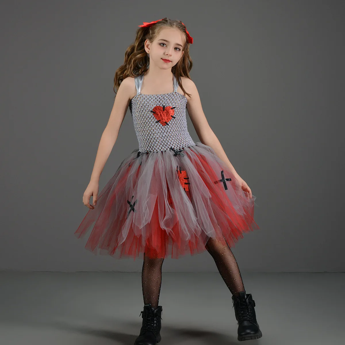 Children Scary Horror Doll Tutu Dress With Hair Clip Set Kid Ghost Spooky Witch Style Halloween Party Stage Performance Clothing