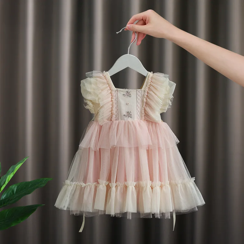 

2024 Baby Girls Lolita Dress For Kids Ruffles Bell Bottom Princess Costume Wear Lovely Children Summer Clothing