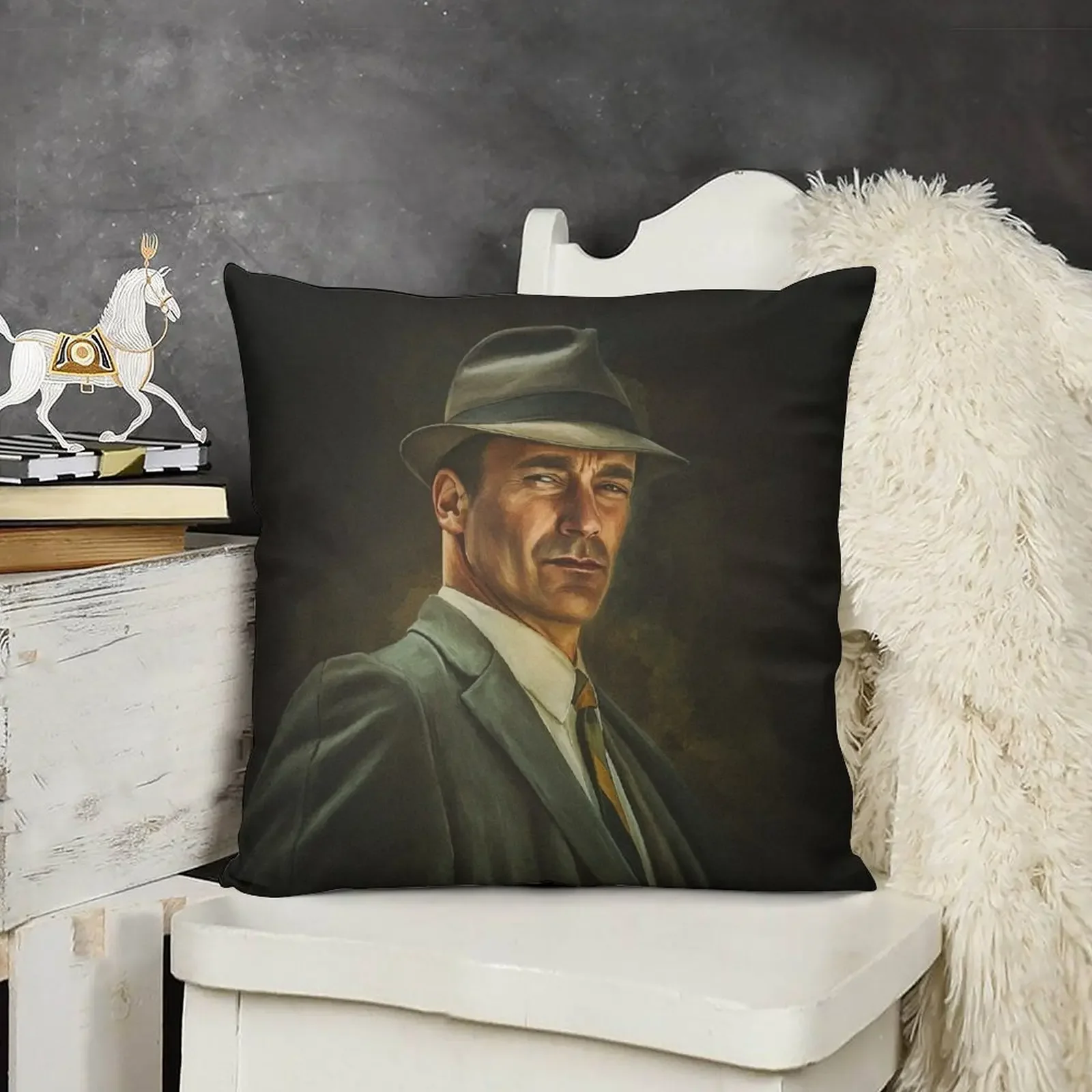 Don Draper (Jon Hamm) portrait. Digital artwork print wall poster illustration by Sam Brannan. Madmen series fan ar Throw Pillow