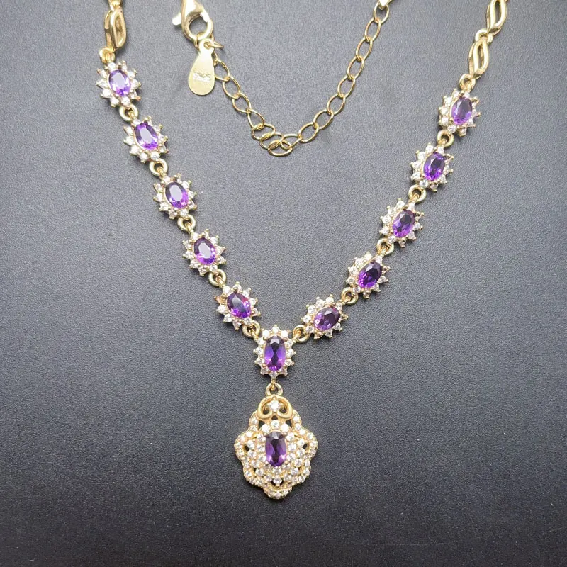 Genuine Amethyst Pendant Neckalce for Vacation 3*4mm Natural Amethyst 925 Silver Necklace with 3 Layers 18K Gold Plating
