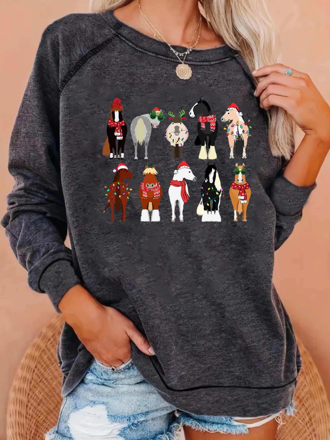 Fun Christmas Cow and Horse Graphic Print Crew Neck Raglan Long Sleeve Pullover for All Seasons Womenswear