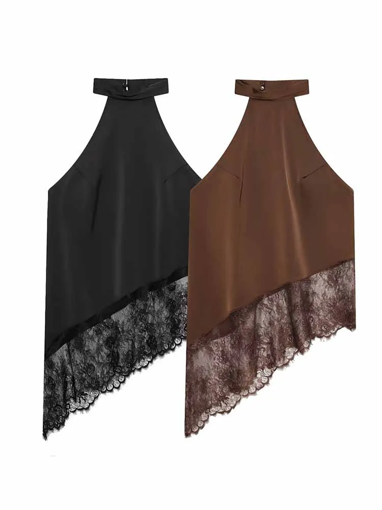 

HH 2026 Woman New Fashion Sleeveless Sexy Backless Lace Patchwork Decoration Halter Collar Tops Female Casual Soft Halter Top