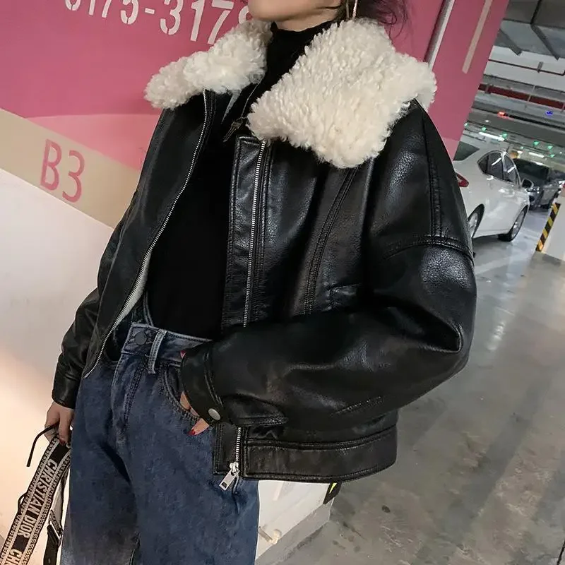 Women Winter Warm Faux Leather Jackets With Fur Collar Lady Black Motorcycle Biker Short Outerwear Coats Leather Jacket