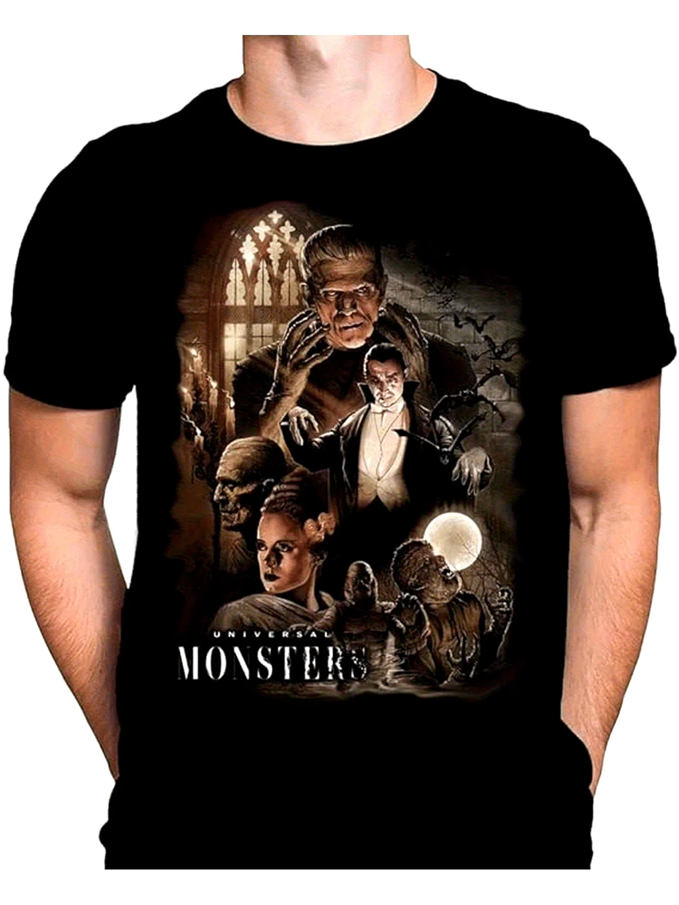 Camiseta Masculina Gótica com Estampa de Monstro de Terror Franklin Stein, Drácula, Criatura do Lago Negro, Gráfica, Manga Curta, Gola Redonda