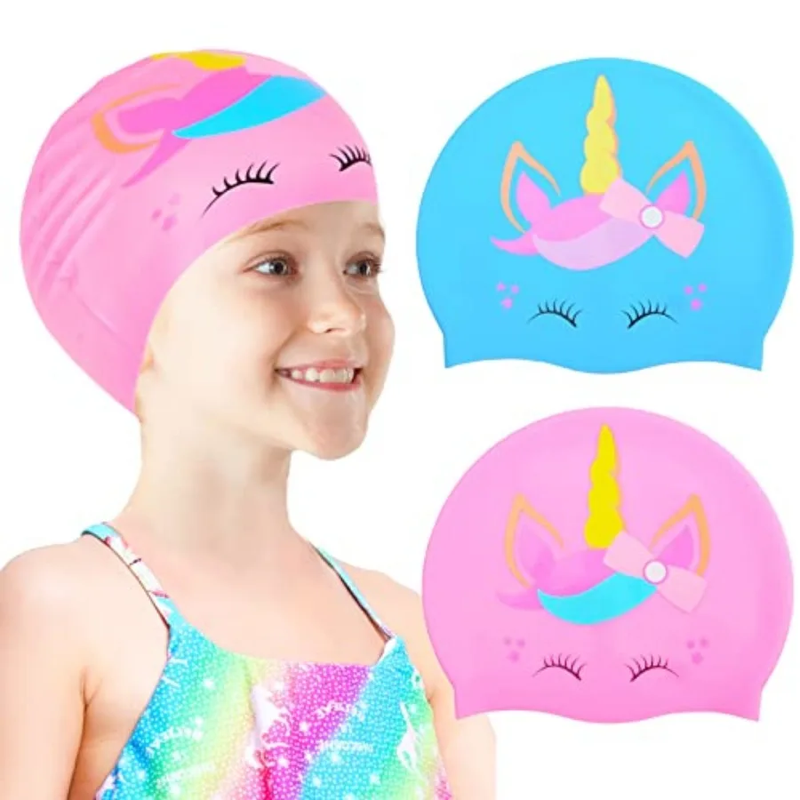 

2 pcs Swim Cap Silicone Swimming Cap for Boys Girls Age 3-12 Cover Ears Waterproof Bathing Cap Keep Hair Dry Swimming Hat for H