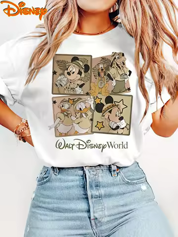 Disney Mickey Family Jungle Adventure Four-Grid Series Printed Crew Neck Casual T-Shirt Fashion Casual Vacation Retro Style Top