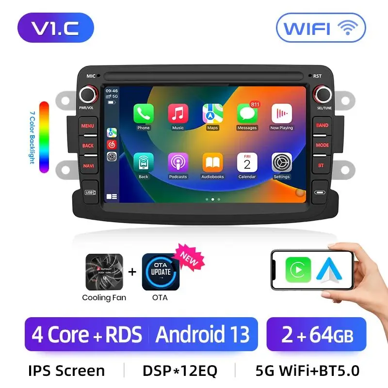 Junsun 7 inch autoradio voor Renault Dacia Duster Sandero Captur Xray Logan 2 Symbol Dokker CarPlay Android Auto GPS Multimedia
