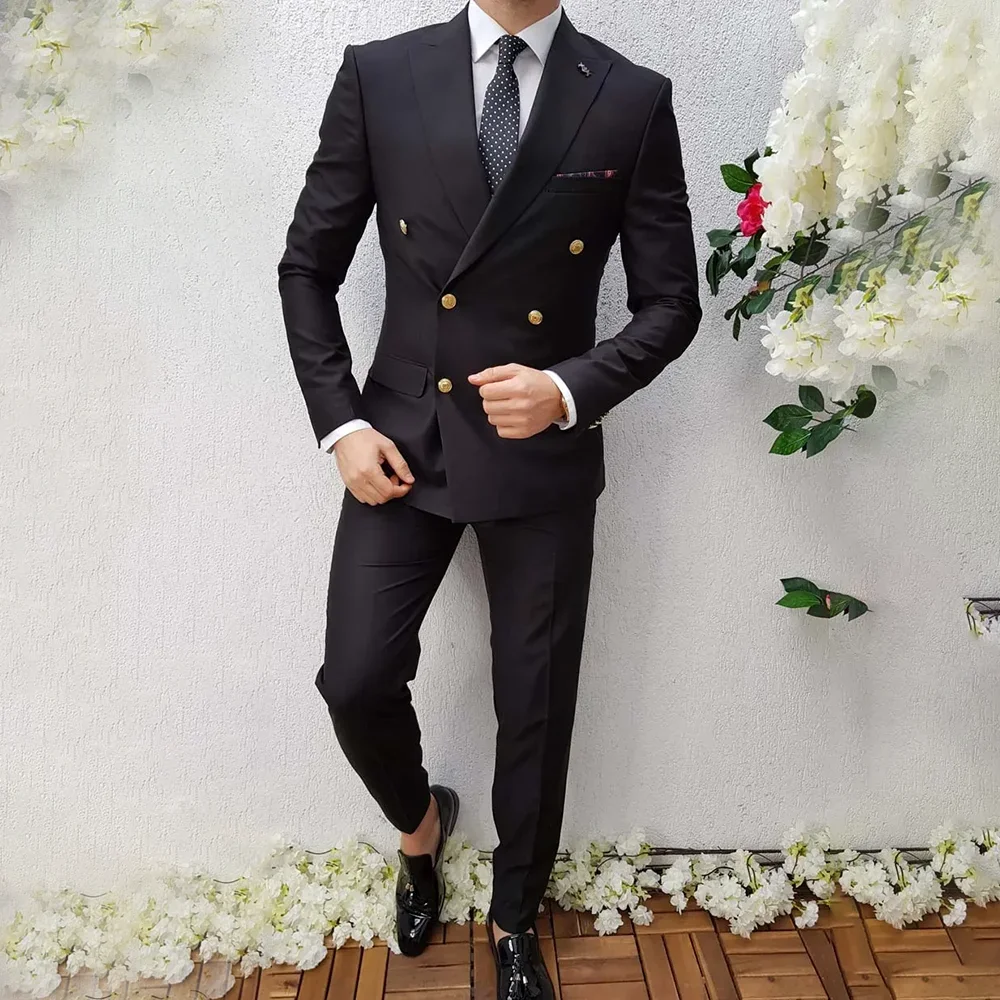 

Gorgeous Black Suits for Men Fashion Peak Lapel Double Breasted 2 Piece Smart Casual Formal Wedding Tuxedo Blazer with Pants