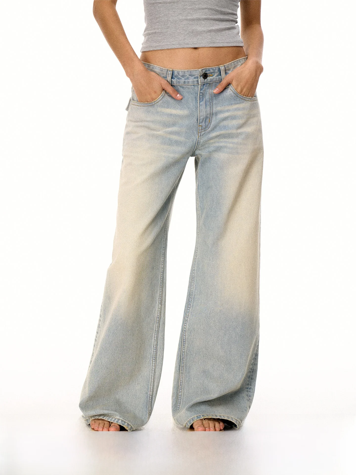 

Firstfloor Retro Faded Light Blue Heavy Waed Casual Straight Leg Jeans Women's Cleanfit Cotton l Waist Button Fastening