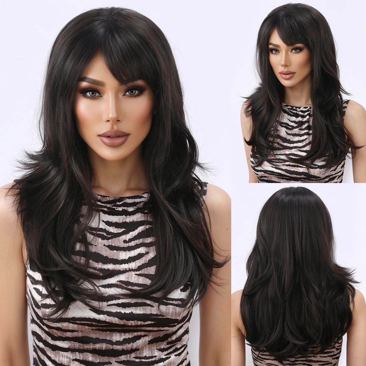 Cross border Amazon new brown French bangs micro rolled medium long hair synthetic wig-Synthetic fiber wig