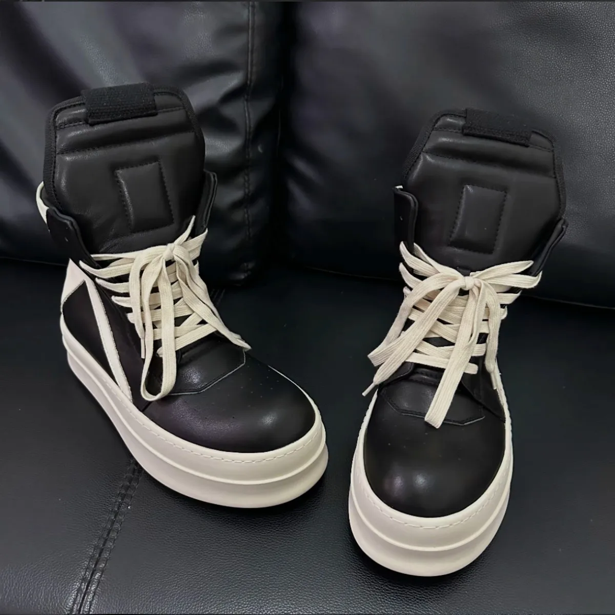 Ro Classic Designer Men Shoe Women Sneaker Full Black Leather Ankle Boot High Top Casual Shoes Zipper 6cm Thick Sole Boots