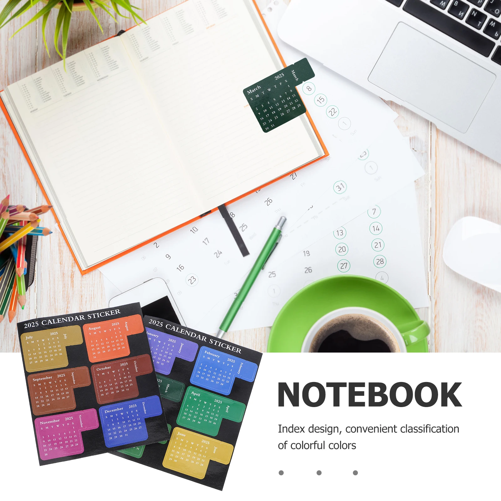 2025年カレンダーシール かわいいマンスリーインデックスシール アジェンダプランナーシール 日記用粘着スクラップブック ミニスリムインデックスタブデコ