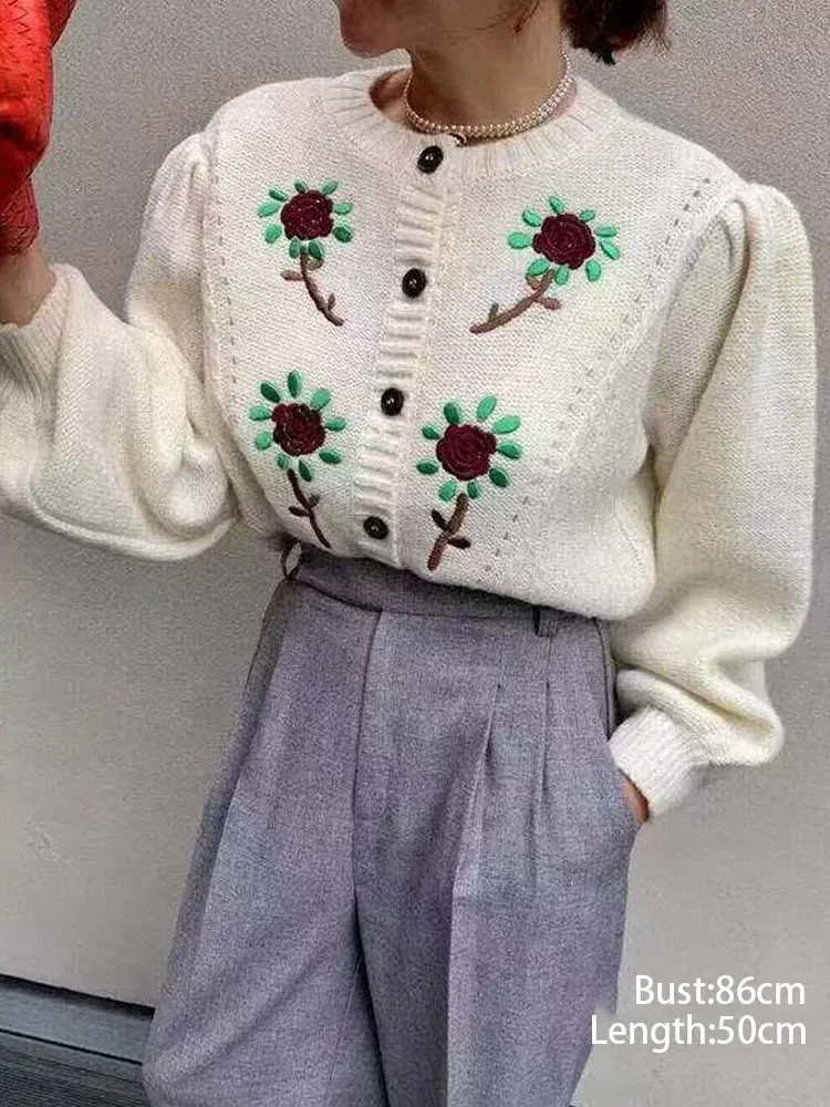 Otoño nuevo dulce cárdigan con bordado Floral suéter Casual de manga larga de un solo pecho suéter abrigo lindo patrón de flores Knitwae