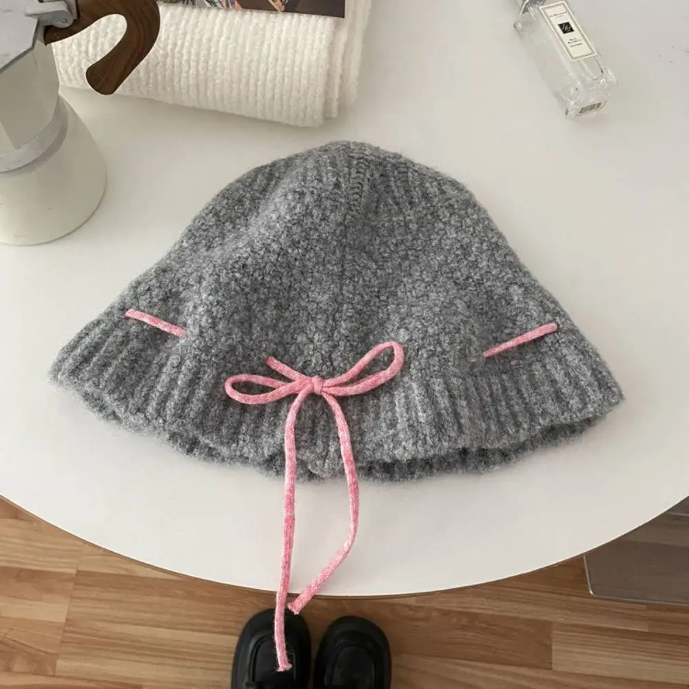 Fashion Korean Style Bow Drawstring Hat Warm Soft Wool Bowknot Scarf Cute Windproof Winter Gloves Outdoor