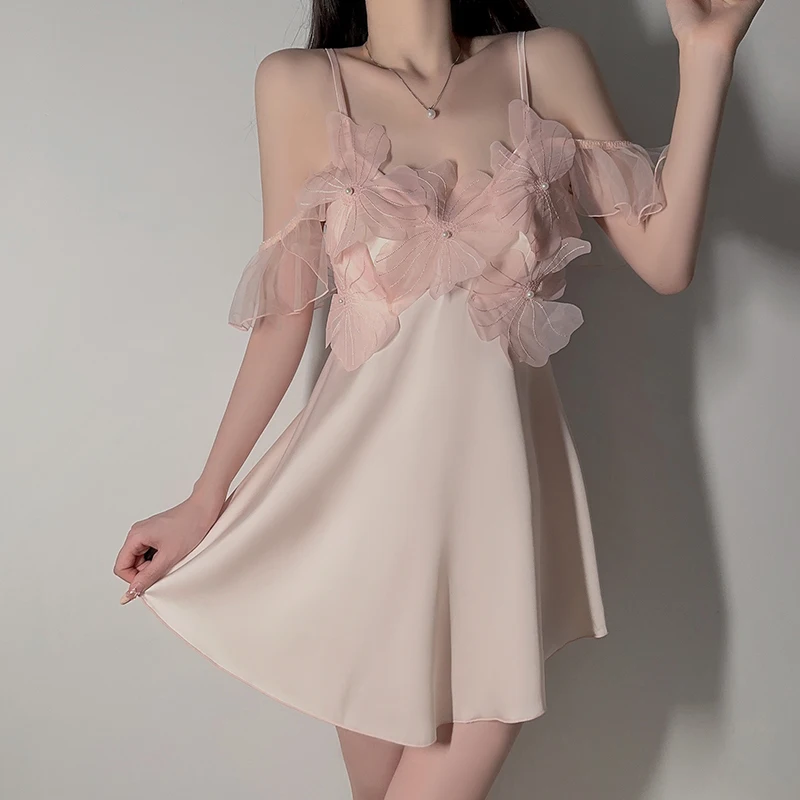 

Women's Sexy Silky Satin Sleep Dress Set - Built-in Bra Sheer Mesh Trim Camisole Nightgown Pure Temptation Loungewear