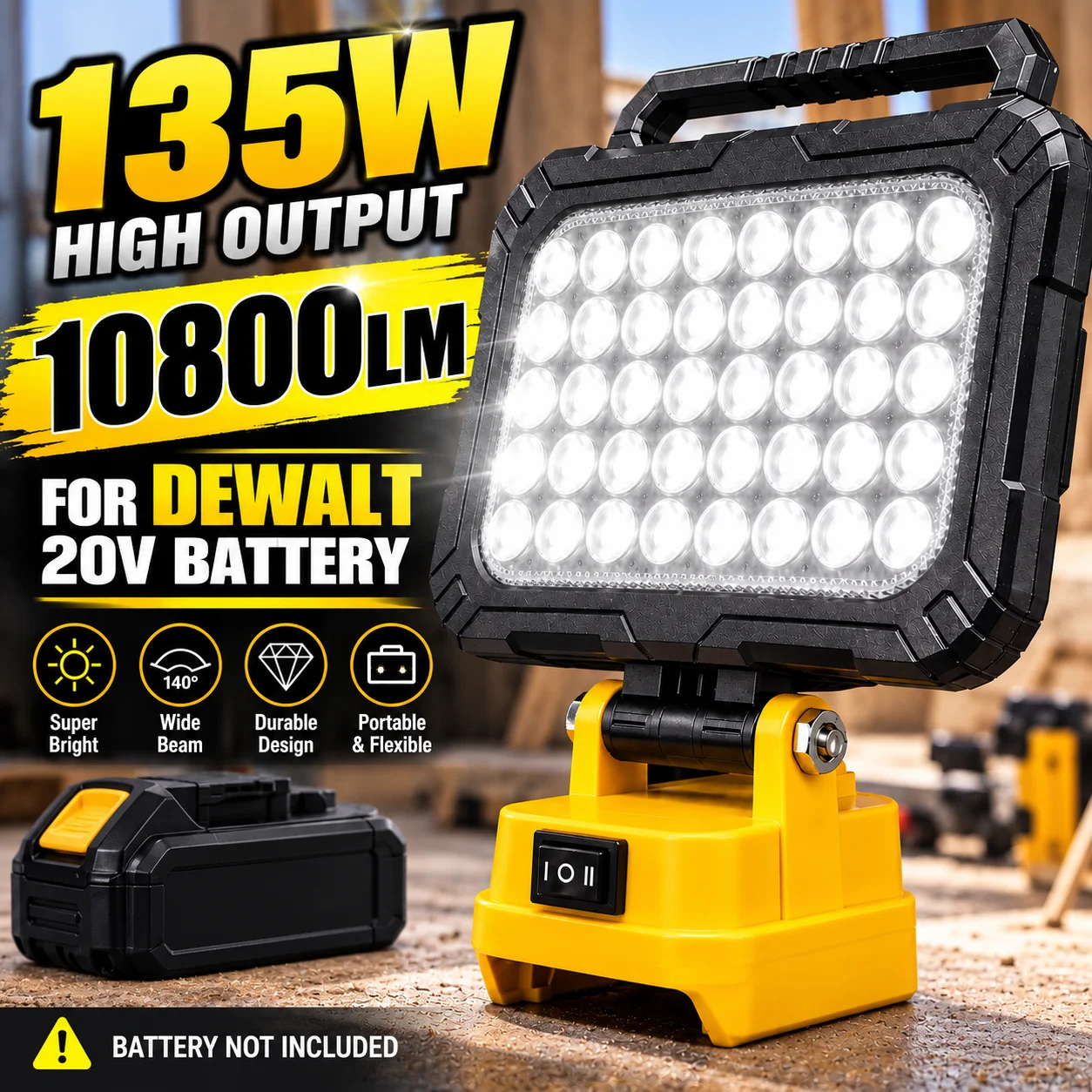 Cordless LED Work Light for DeWalt 20V Battery, 135W 10800LM Jobsite Flood Lights, Portable Outdoor Flashlight Dual USB Charging