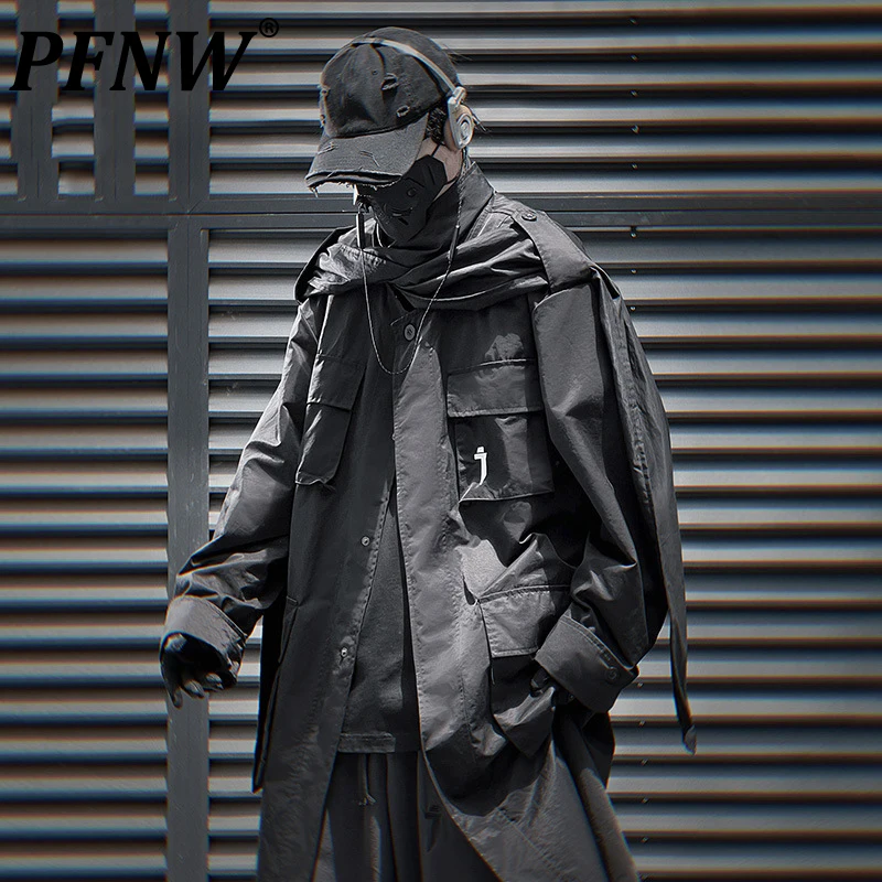 

PFNW Functional Style Multi Pocket Long Overcoat Men's Loose Casual Grey Black Scarf Stand Collar Trench 2024 Autumn New 12C1117