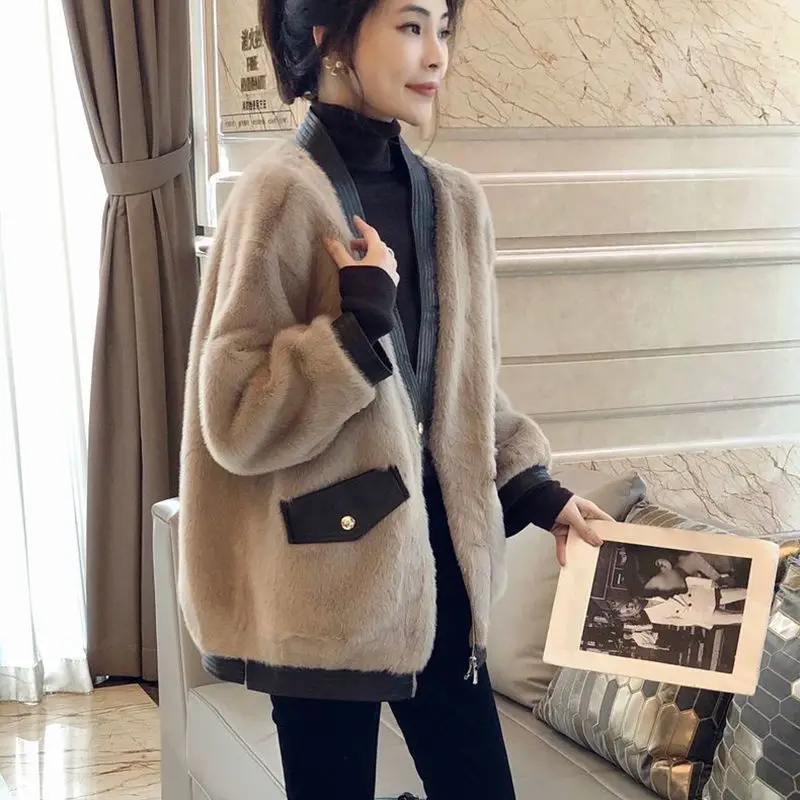 Women Thicken Overcoat Flocking Autumn Winter Warm Solid Color Loose Waist High Quality Fake Fur Coat Female Jackets T965