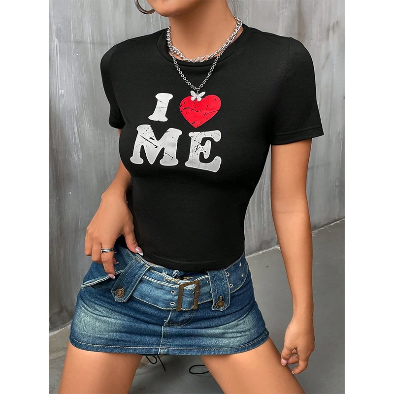 

Goth Dark I Love Me Printed Y2k Fashion T-shirts 90s Grunge Streetwear Gothic Crop Tops Women Short Sleeve Black Summer T-shirt