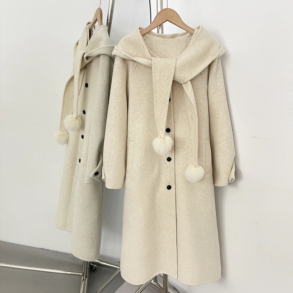 OFTBUY Langer, einreihiger, warmer, eleganter Wollmantel für Damen, Winter 2025, neuer Damen-Wollmantel mit Kapuze und Pelzbommel-Details. – Detail 5