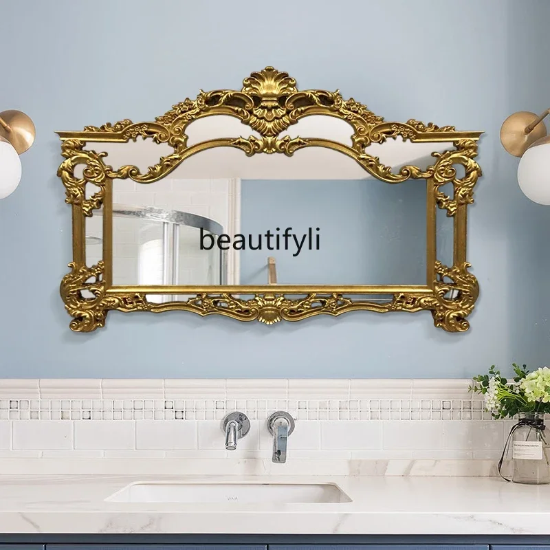 European-Style Carved Retro Mirror Wall-Mounted Washstand LED Wall-Mounted Hallway Mirror Anti-Fog Bathroom Mirror