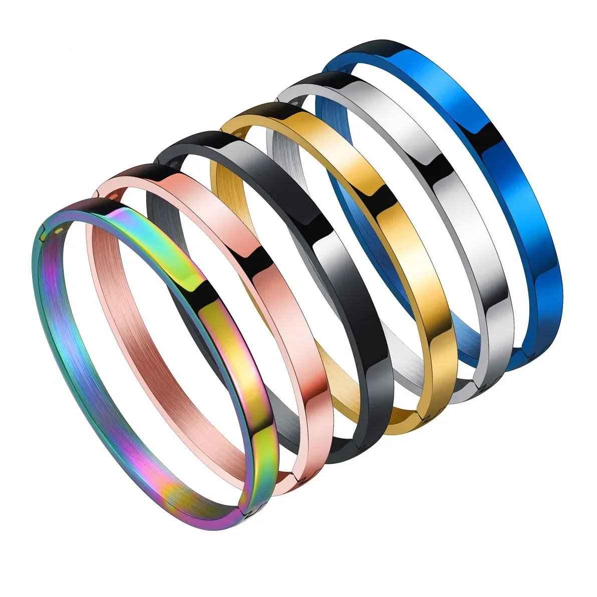 6MM Simple Woman\'s Bangles Cuff Stainless Steel Gold Rose  Black Blue Silver Color Bracelet Wristband Charm Jewelry