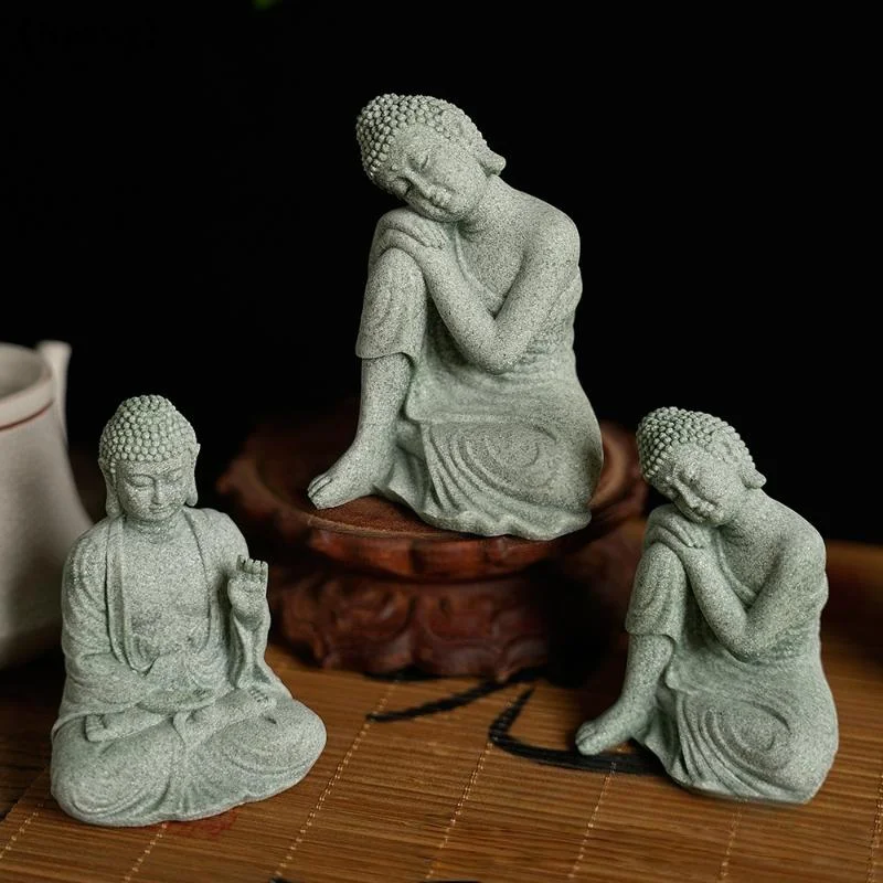1Pcs Mini Buddhism Figurine Desk Decor Zen Statue Green Sandstone Thailand Ornament Buddha Garden Statue Fish Tank Decor〔Nest〕