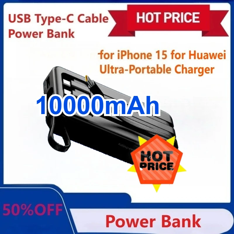 

10000mAh Power Bank 22.5W PD Power Charging with Built-in USB Type-C Cable for iPhone 15 for Huawei, Ultra-Portable Charger