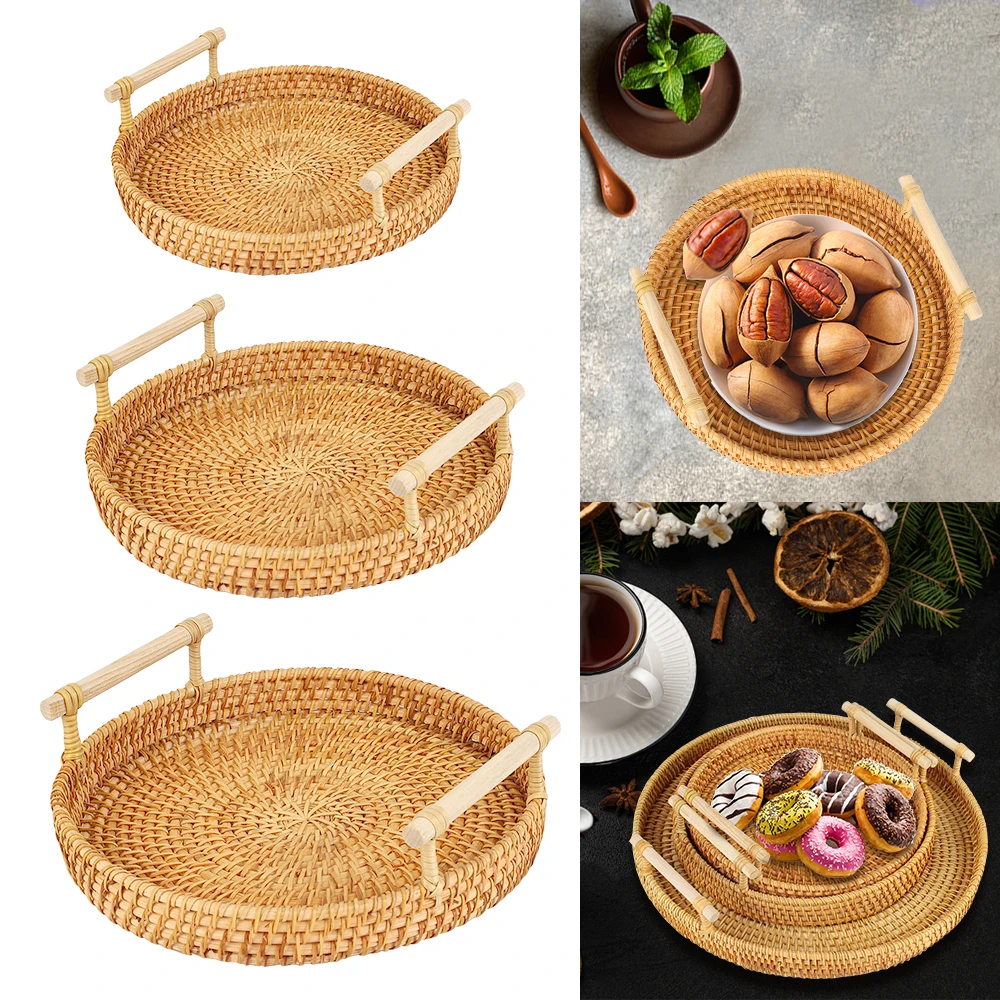 Dinner Serving Tray Fruit Cake Wicker Basket Breakfast Bread Food Plate Handwoven Rattan Storage Tray With Handle