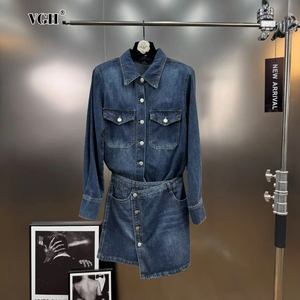 

VGH Vintage Two Piece Set for Women Laepl Long Sleeve Temperament Slim Denim Shirt High Wasit Short Irregular Skirt Suit Female