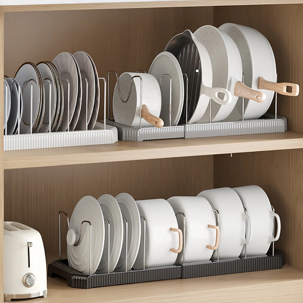 Expandable Dish Rack Cabinet Plate Pot Lid Organizer Adjustable Metal Divider Kitchen Storage Holder for Plates Bowls Cookware