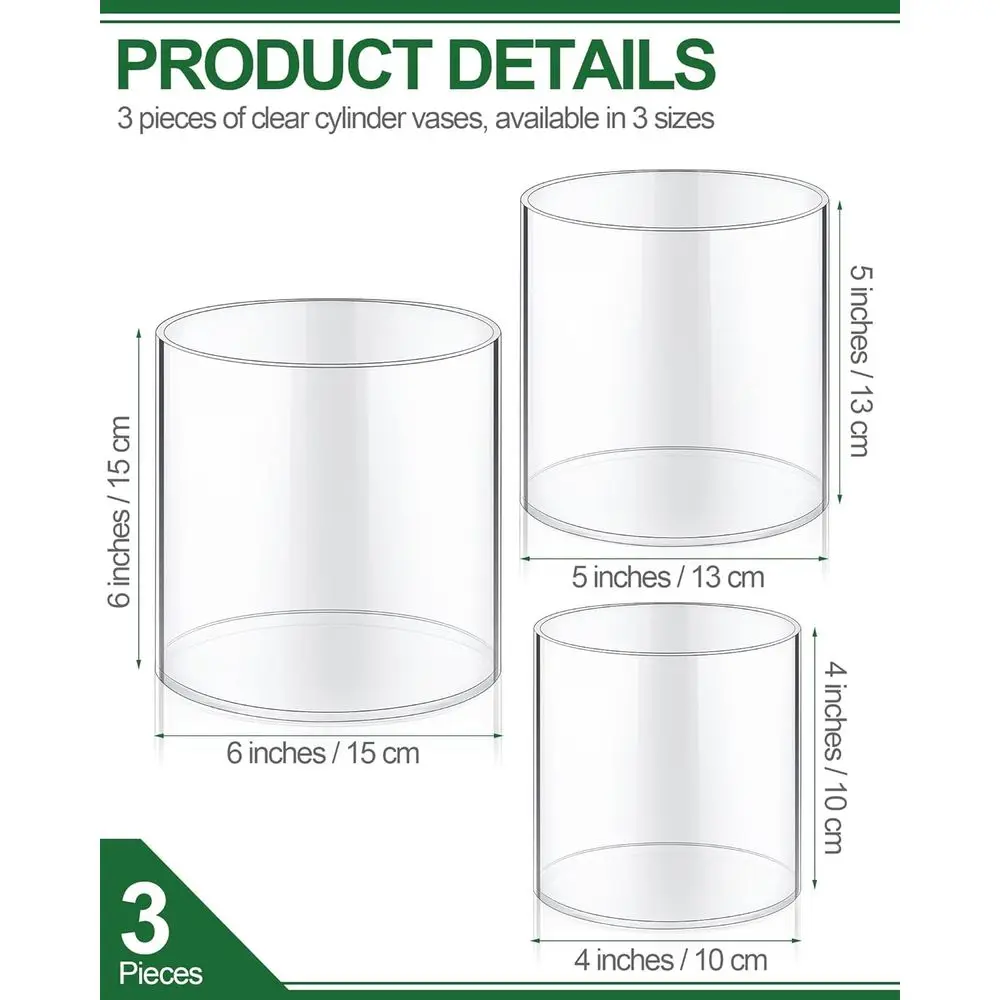 3 Pcs Lower Acrylic Vase Cylinders Round Decorative 6 x 6 in, 5 x 5 in, 4 x 4 in Vase Break Resistant Acrylic Lower Cylinder or