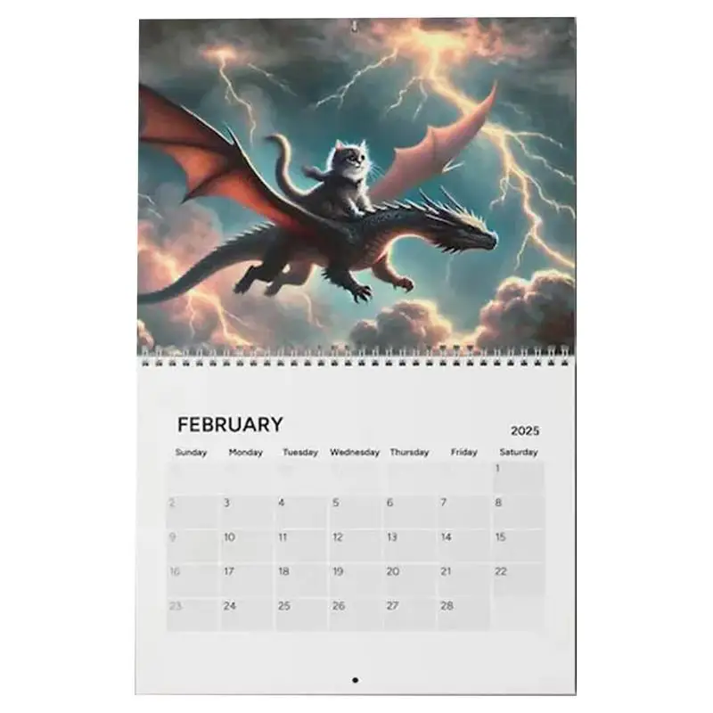 2025 Cat Dragon Rider Calendar 2025 Wall Mounted Cat Flying Dragon Calendar Pendant 2025 New Year Family Calendar