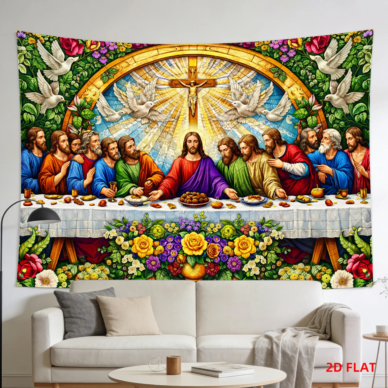 VIKAMA Colored Flower Edition Last Supper Tapestry Colorful Religious Mural Wind Music Lover Rock Metal Band Decor