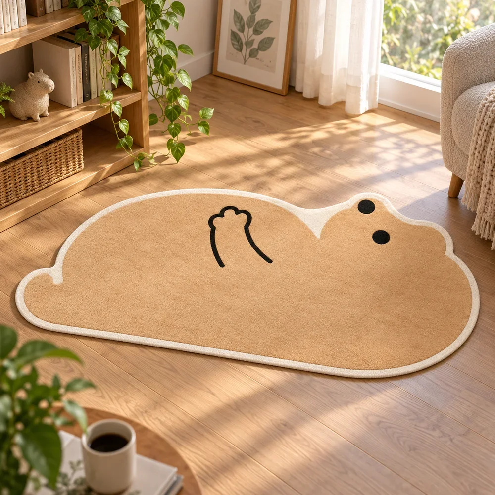 Cute Capybara Shaped Rug, Beige Animal Floor Mat, Playful Irregular Decor for Bedroom, Living Room, Kids Room, Nursery, Dorm