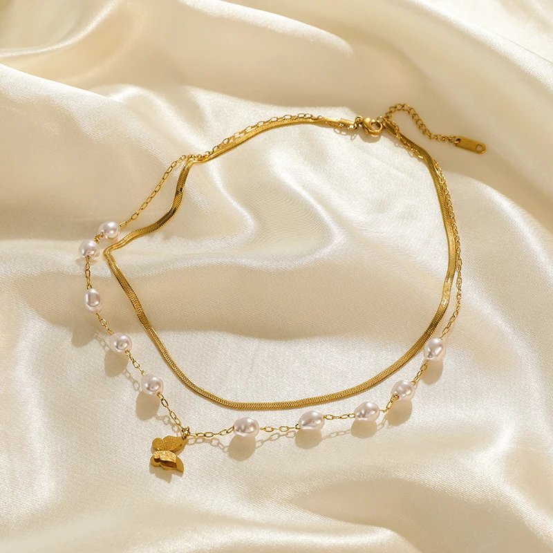 GANEMLY 316L Stainless Steel Butterfly Heart Pearl Necklace For Women Trendy New Neck Chain Waterproof Jewelry Party Gift Collar - Image 5