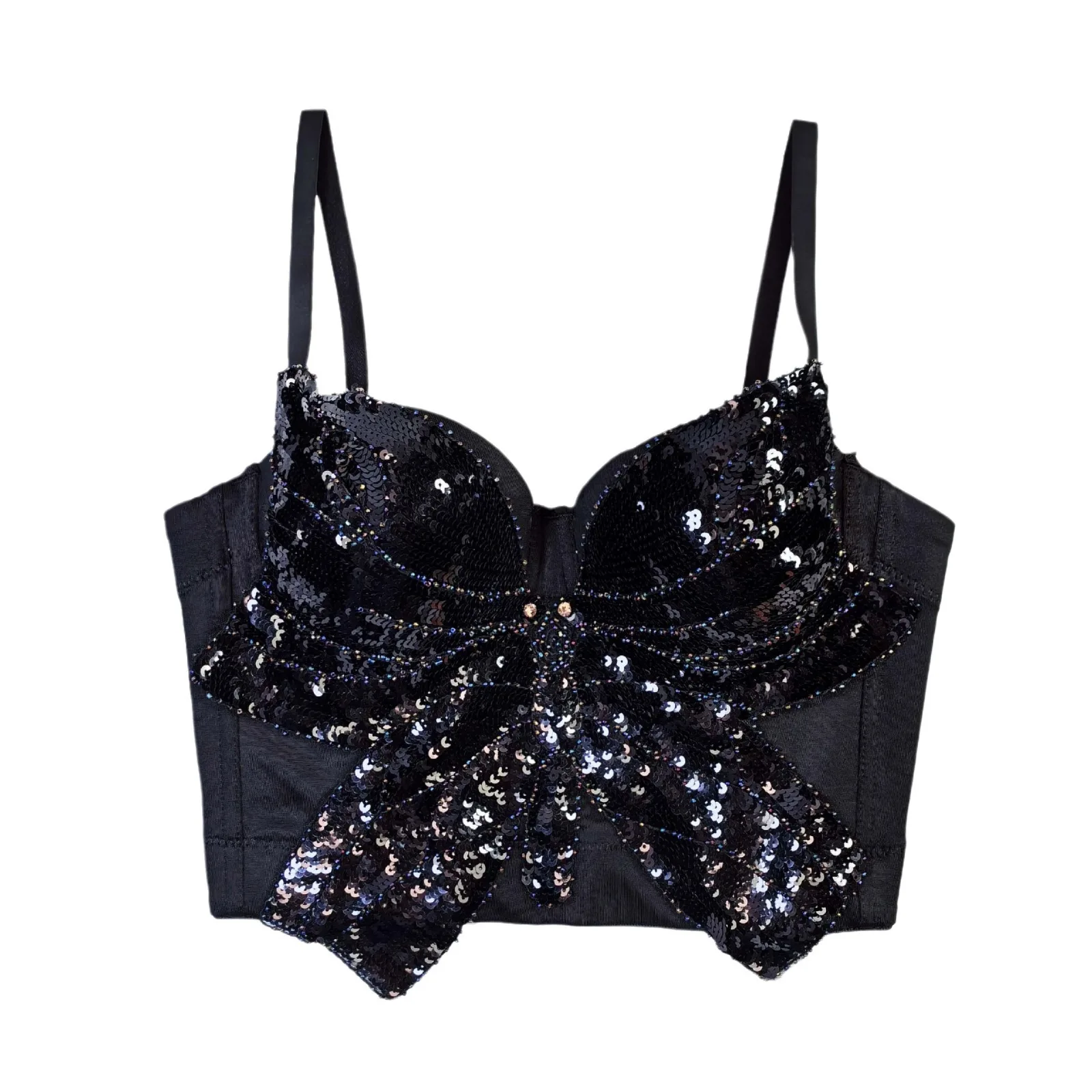 

Sexy Black Bow Sequins Fishbone Bra with Small Suspender Inside for Women Push Up Bra One-pieces Underwear Brasieres Para Mujer